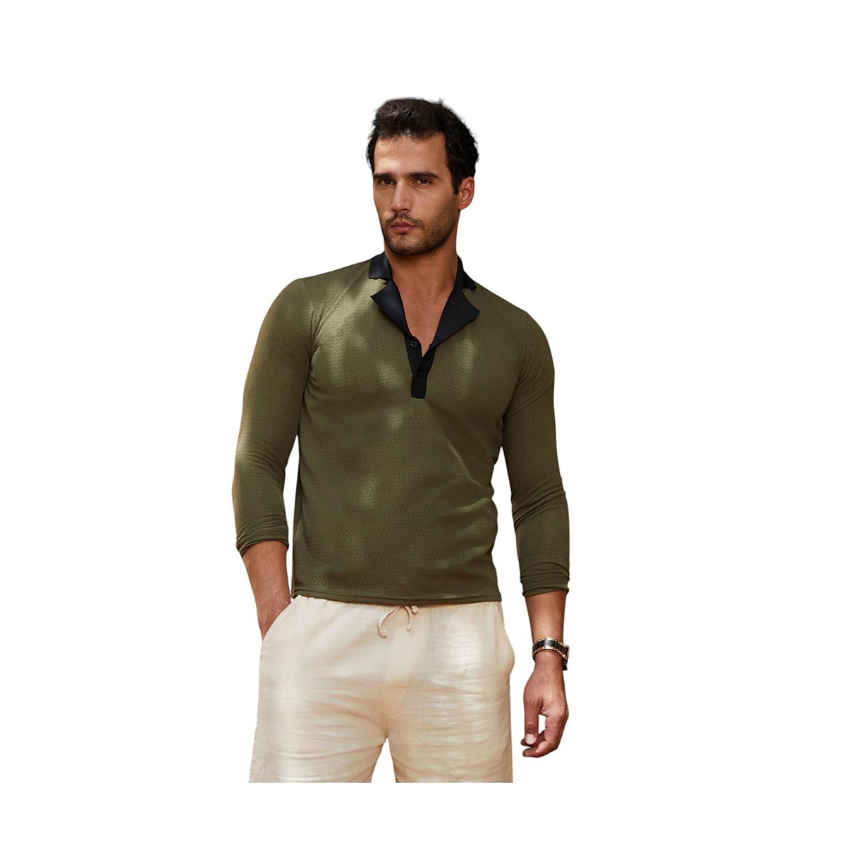 Men's Olive Green & Obsidian Black Textured Cuban Polo T-Shirt - Green