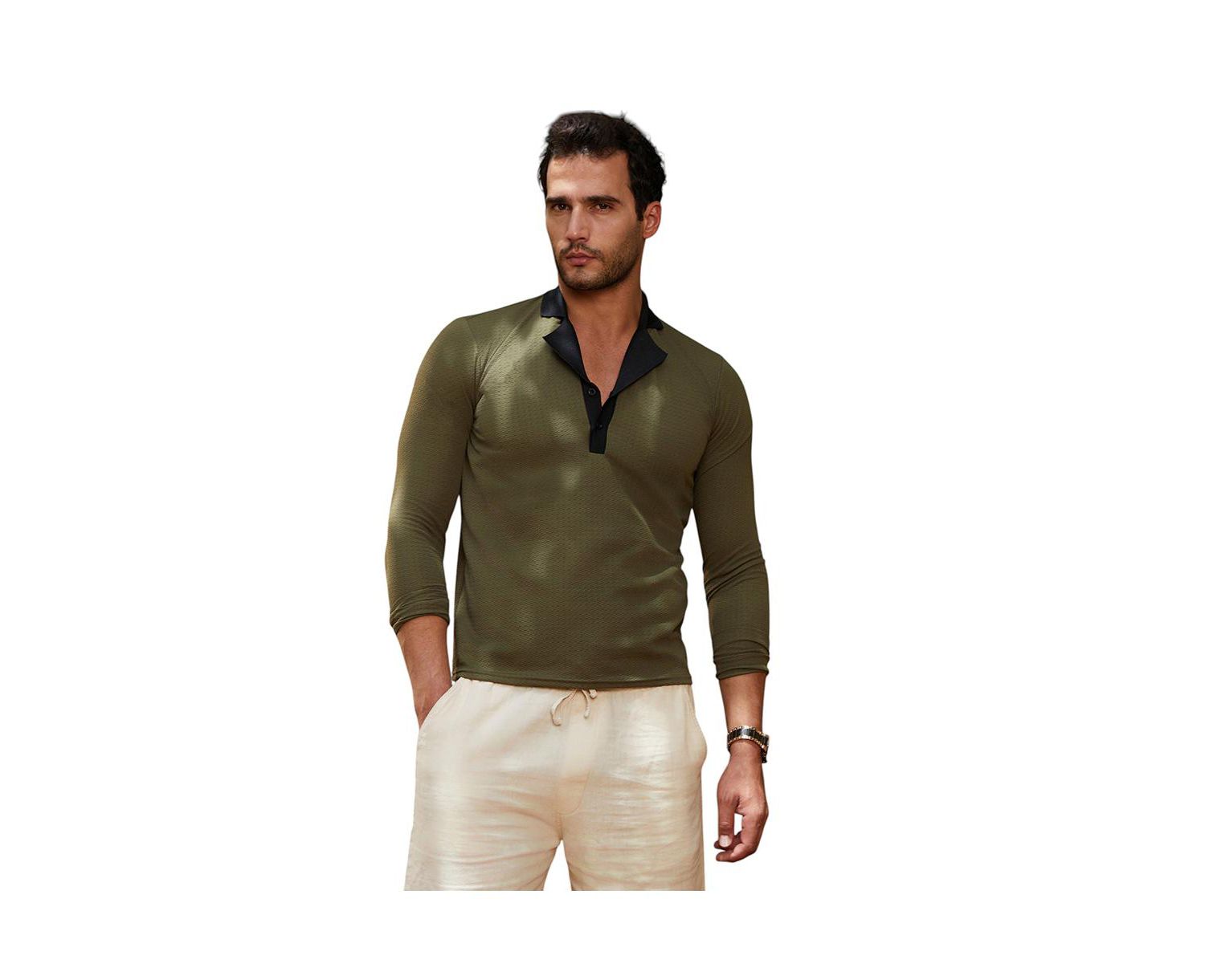 Men's Olive Green Obsidian Black Textured Cuban Polo T-Shirt
