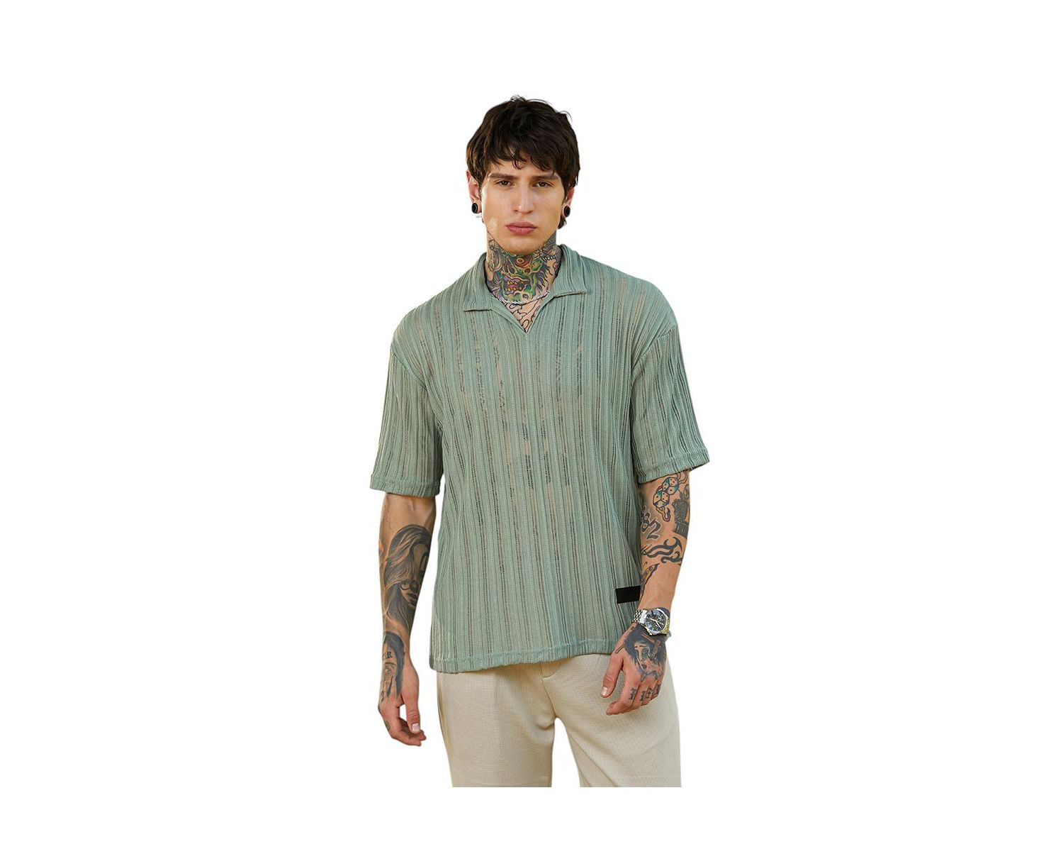 Men's Sage Green Duo-Striped Relaxed Polo T-Shirt