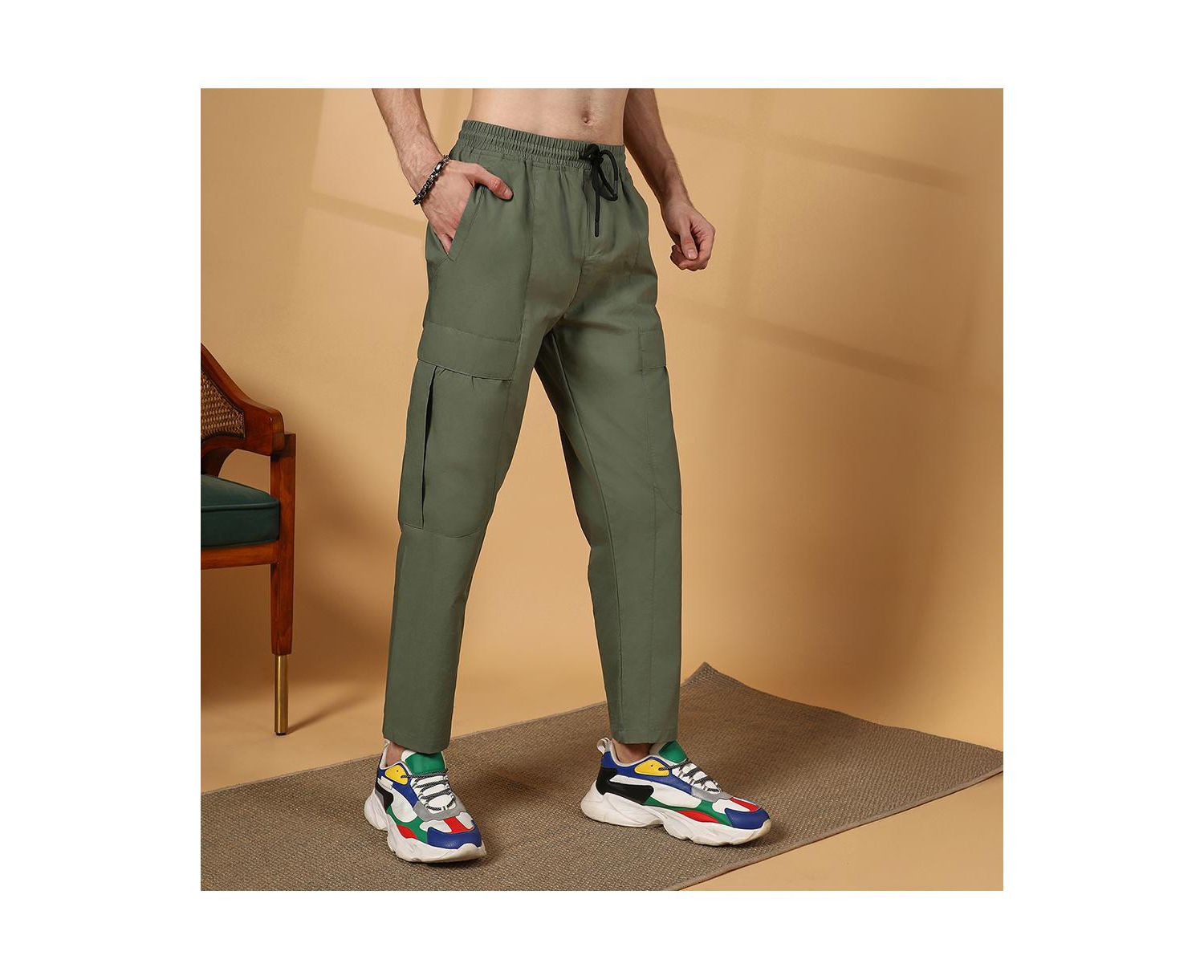 Men's Olive Green Solid Utility Trousers