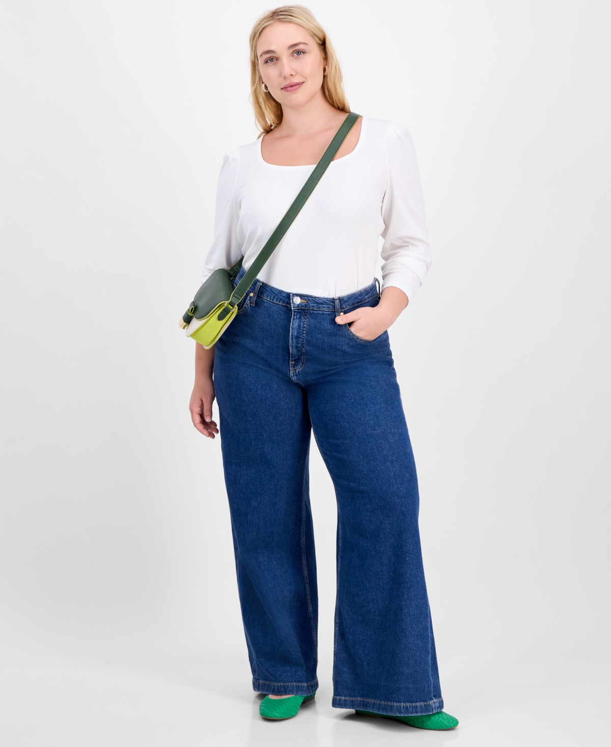 On 34th Trendy Plus Long-sleeve Square-neck Top, Exclusively At Macy's In White