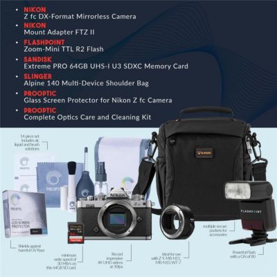 Z fc DX-Format Mirrorless Camera, Silver, Bundle with FTZ II Mount Adapter, Zoom-Mini TTL R2 Flash, 64GB Memory Card, Bag