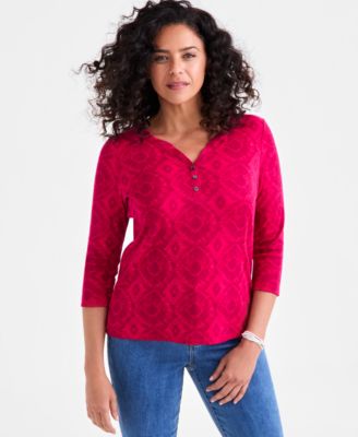 Style & Co - Women's Printed 3/4-Sleeve Henley Top