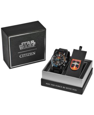 Eco-Drive Men's Chronograph Star Wars Rebel Starfighter Black Leather Strap Watch 44mm Box Set