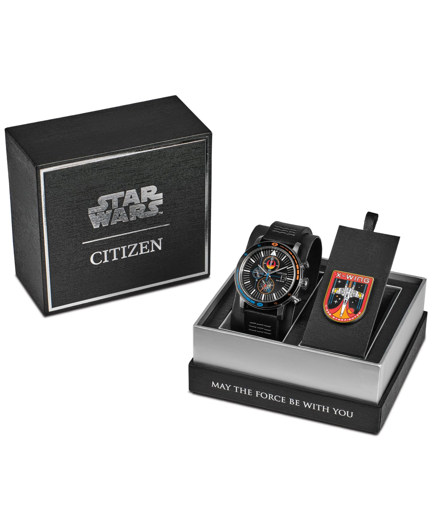 Мужские часы Citizen Eco-Drive Chronograph Star Wars Rebel Starfighter Black Leather Strap Watch 44mm Box Set — фото 5