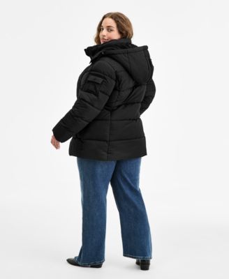 Plus Size Hooded Utility-Pocket Puffer Coat