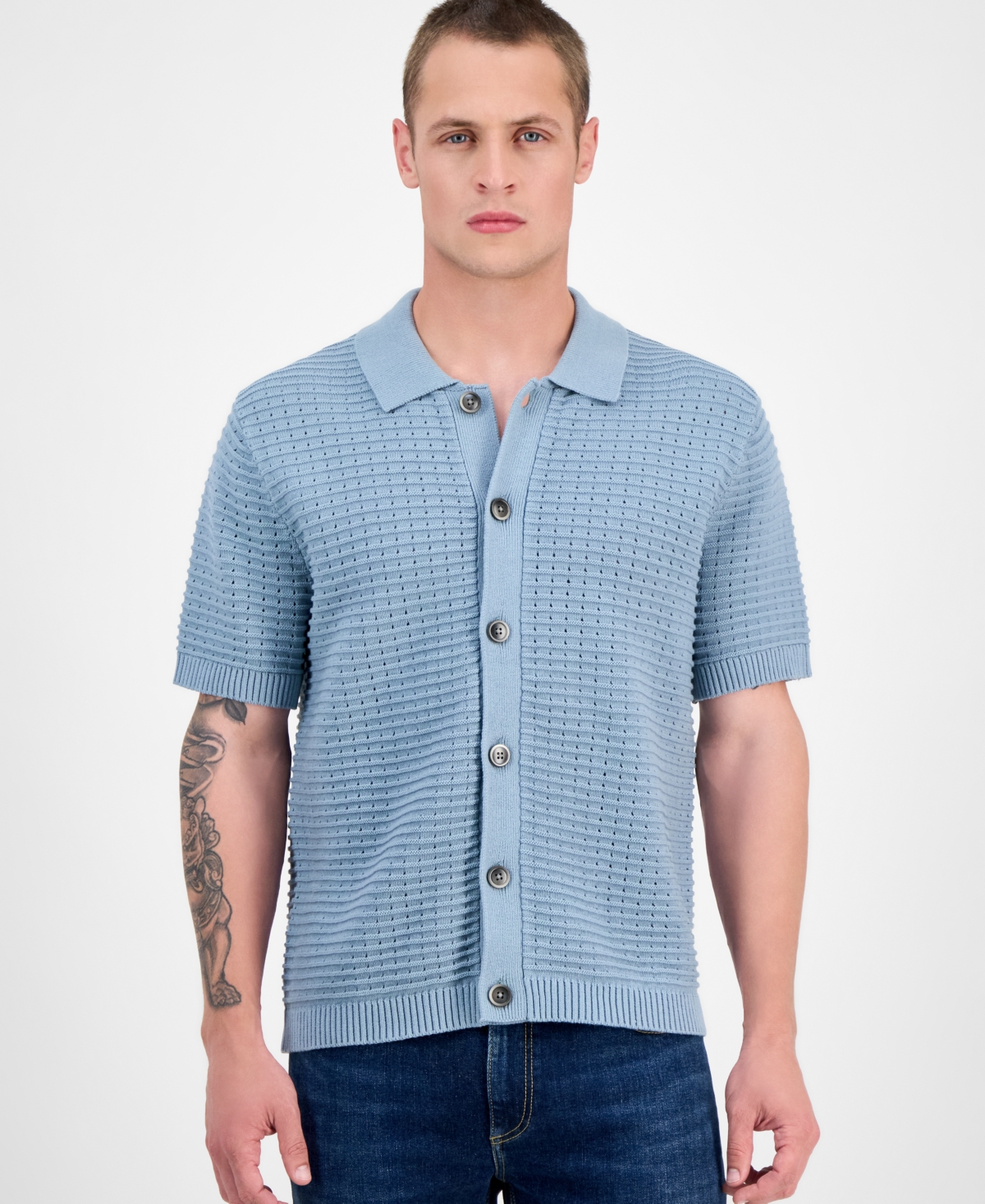 Men's Cooper Short Sleeve Textured Knit Button-Front Sweater, Exclusively at Macy's - Blue Hail