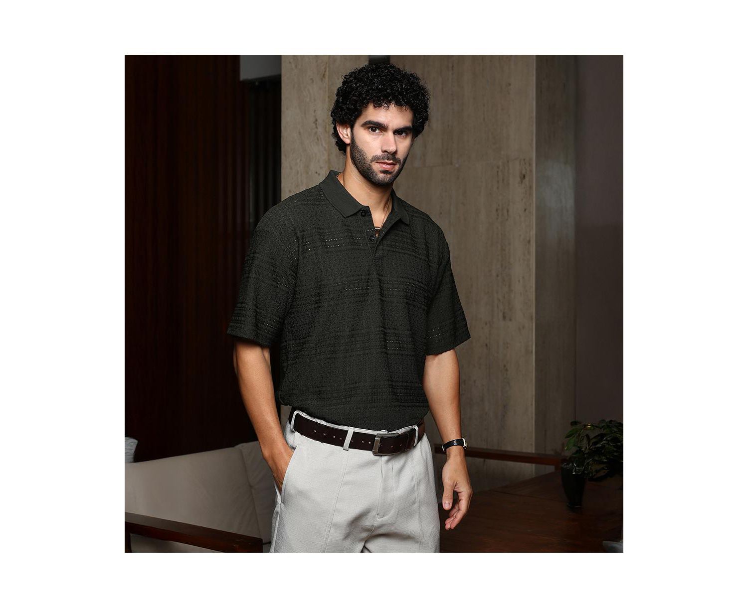 Men's Midnight Black Bohomian Oversized Polo T-Shirt