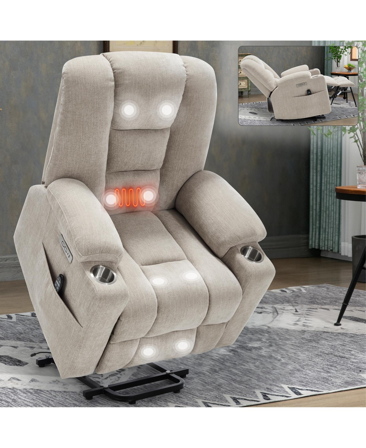 Streamdale Furniture Power Lift Recliner w/ Massage & Heat, Usb, Cup Holders - Beige