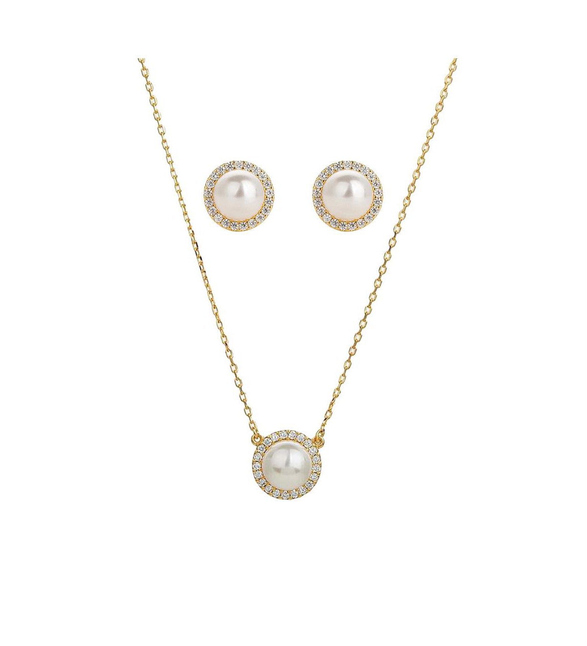 Sterling Silver 18k Gold Plated Eleanor Single Cultured Pearl Necklace & Stud Earrings Set - Gold