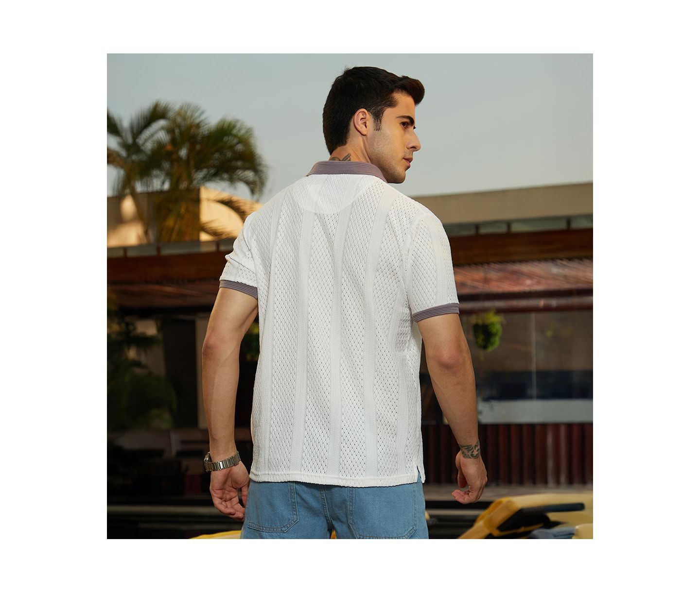 Мужская футболка Cahoot Campus Sutra Chalk White and Pastel Purple Contrast Open-Knit Polo, цвет: Белый — фото 4