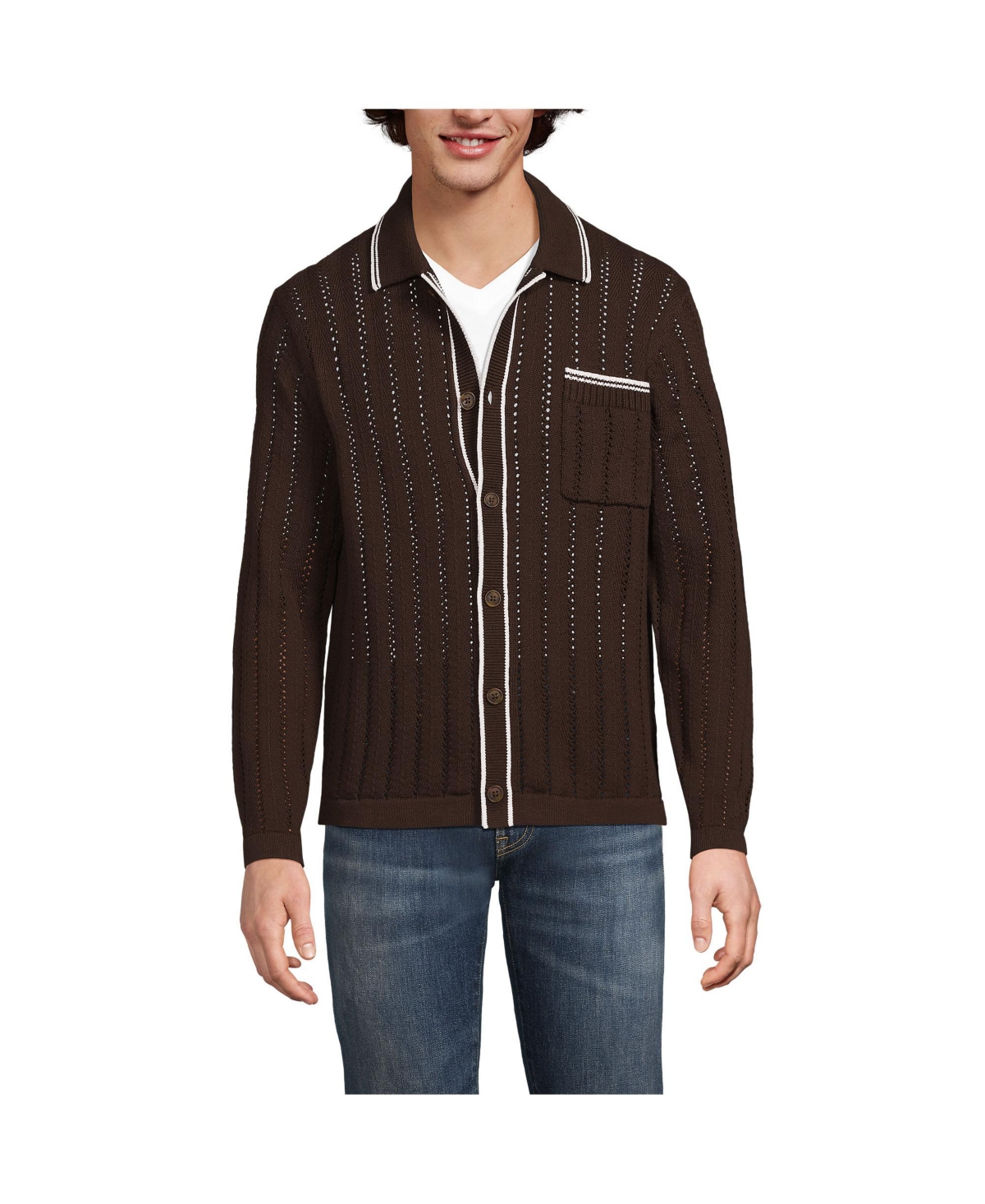 Men's Long Sleeve Button Through Summer Polo Cardigan - Rich coffee