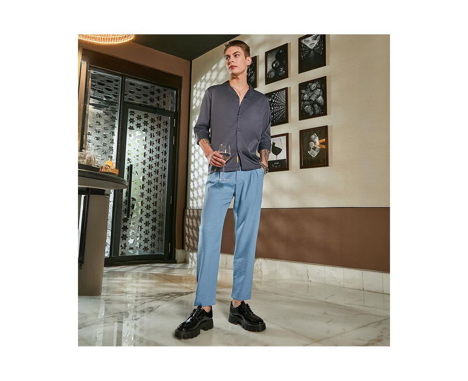 Men's Sky Blue Pleated Tailored Trousers