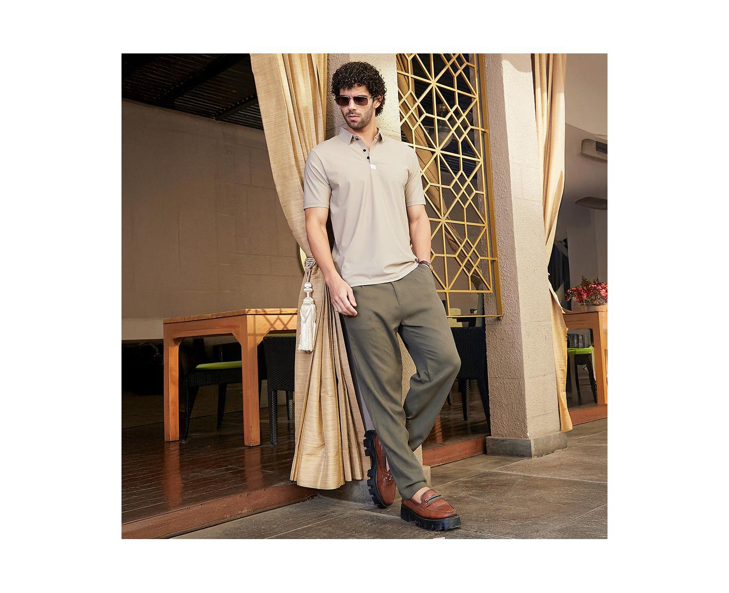 Men's Sand Beige Seamless Waffle Polo T-Shirt