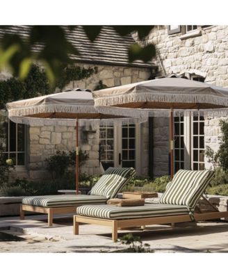 BOHO 9' Fringe Patio Umbrella with Tassels UPF50+ Boho Style 5-Year-Non-Fading for Outdoor Yard Market Mocha Meander