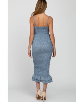 Women's Green Gingham Print Smocked Fitted Self-Tie Maternity Midi Dress