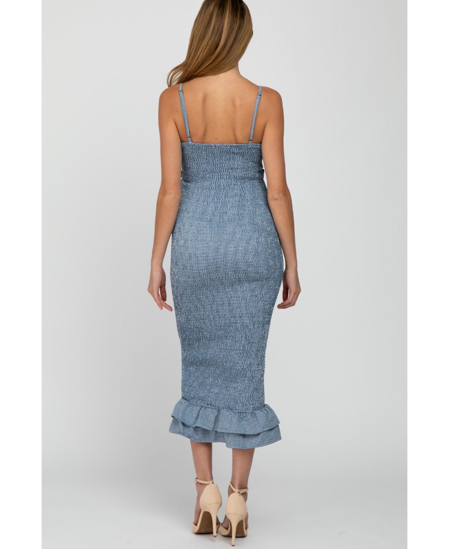 Women's Blue Gingham Print Smocked Fitted Self-Tie Midi Dress