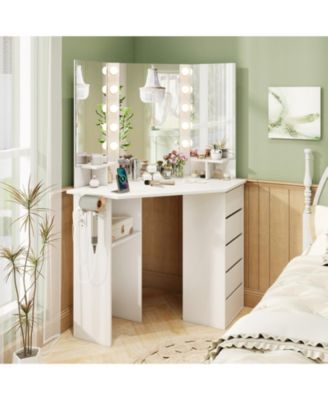 Wood Corner 3-Color LED Lighted Mirror Vanity Desk with Power Outlet