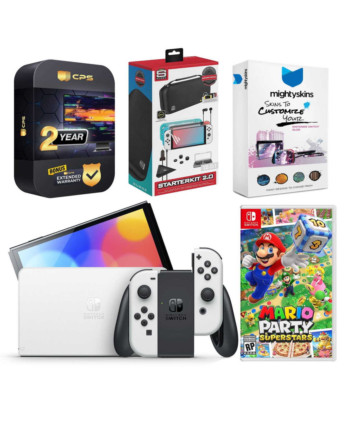Nintendo Switch White Oled Console with Mario Party Superstars, Surge Accessory Gaming Kit, MightySkins Console and Controller Skin Voucher, and 2 Yea