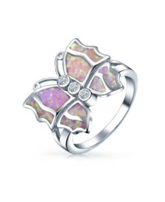Elegant CZ Accent Cubic Zirconia Pink Created Opal Butterfly Ring .925 Sterling Silver