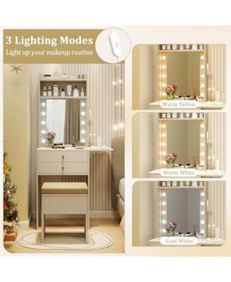 Compact Vanity Desk Set with 3-Color Lighted Mirror and Power Outlets