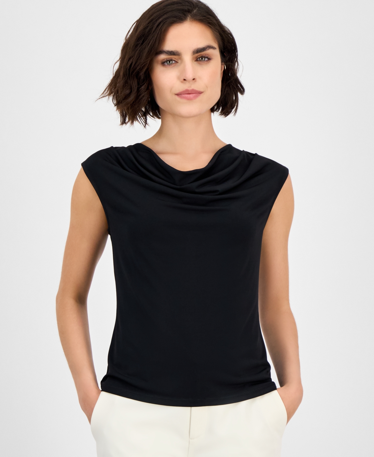 Inc International Concepts Women's Cotton Extended-shoulder Cowlneck Top, Exclusively At Macy's In Black