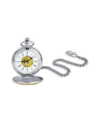 Daddy Father Gift Word Best Greatest DAD Skeleton Pocket Watch Silver Plated Finish With Long Pocket Chain