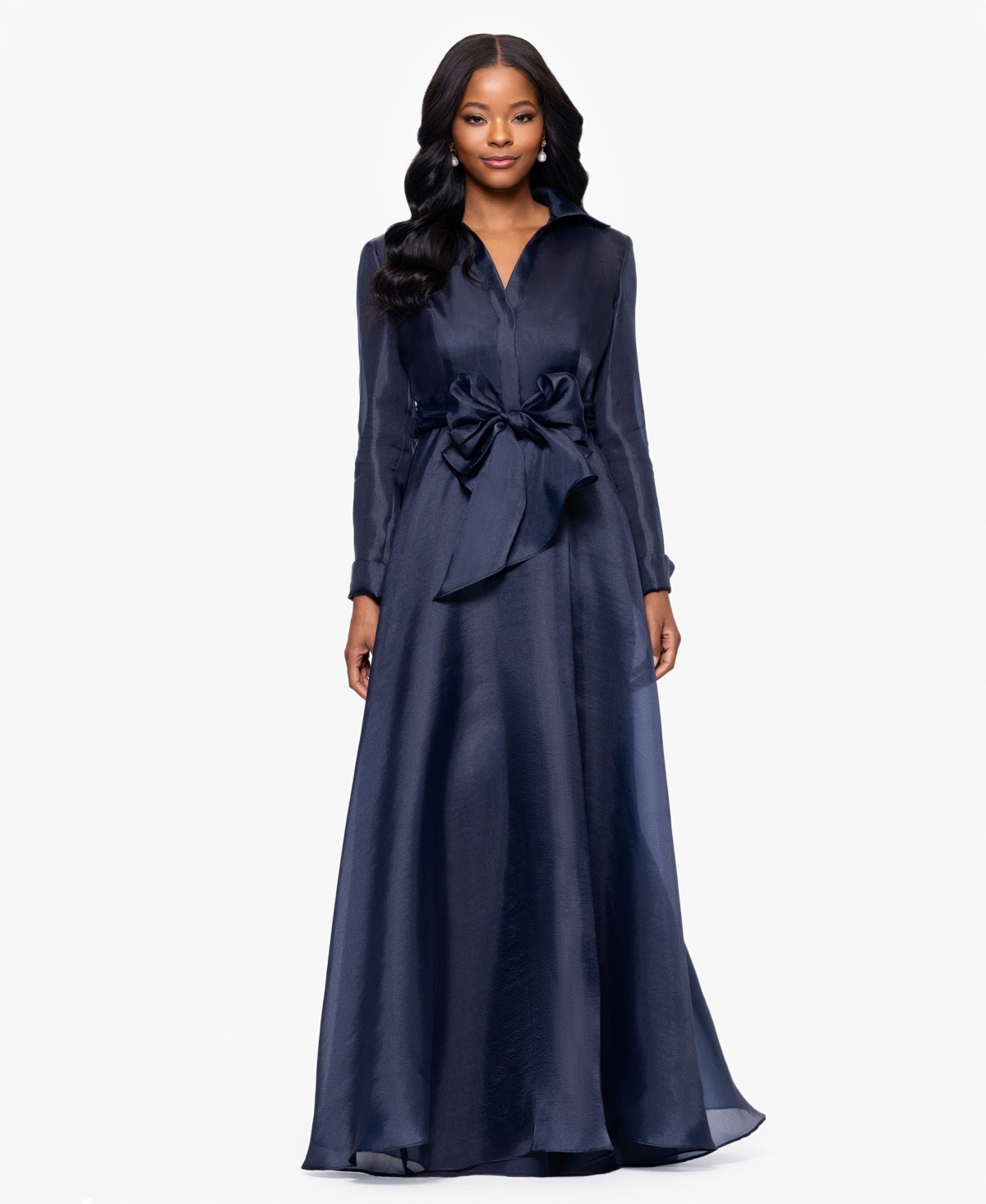 Women's Solid-Color Tie-Front Long Shirtdress - Navy