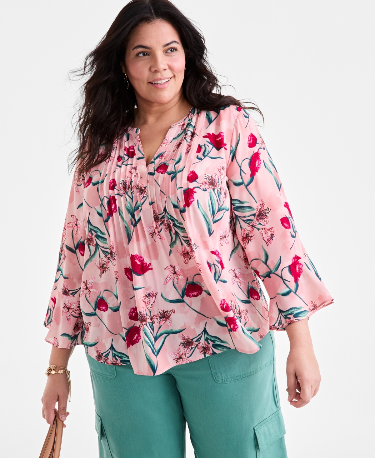 Plus Size Printed V-Neck Ruffle-Cuff Blouse, Exclusively at Macy's - Moody Bloom Coral