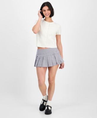 Freshman Juniors Short Sleeve Crewneck Cable Knit Sweater Madden Girl Plaid Pleated Mini Skort