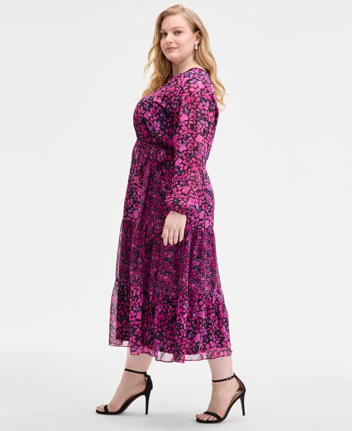 Kasper Plus Size Printed Blouson-sleeve Midi Dress