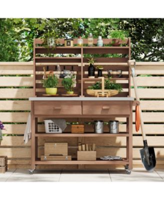 Outdoor Potting Bench with Hutch &amp; Stainless Steel Top