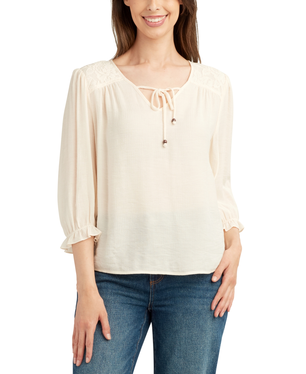 Juniors' Lace-Trim 3/4-Sleeve Peasant Top - Ivory