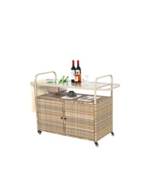 Wicker Bar Cart with Ice Bucket & Steel Top
