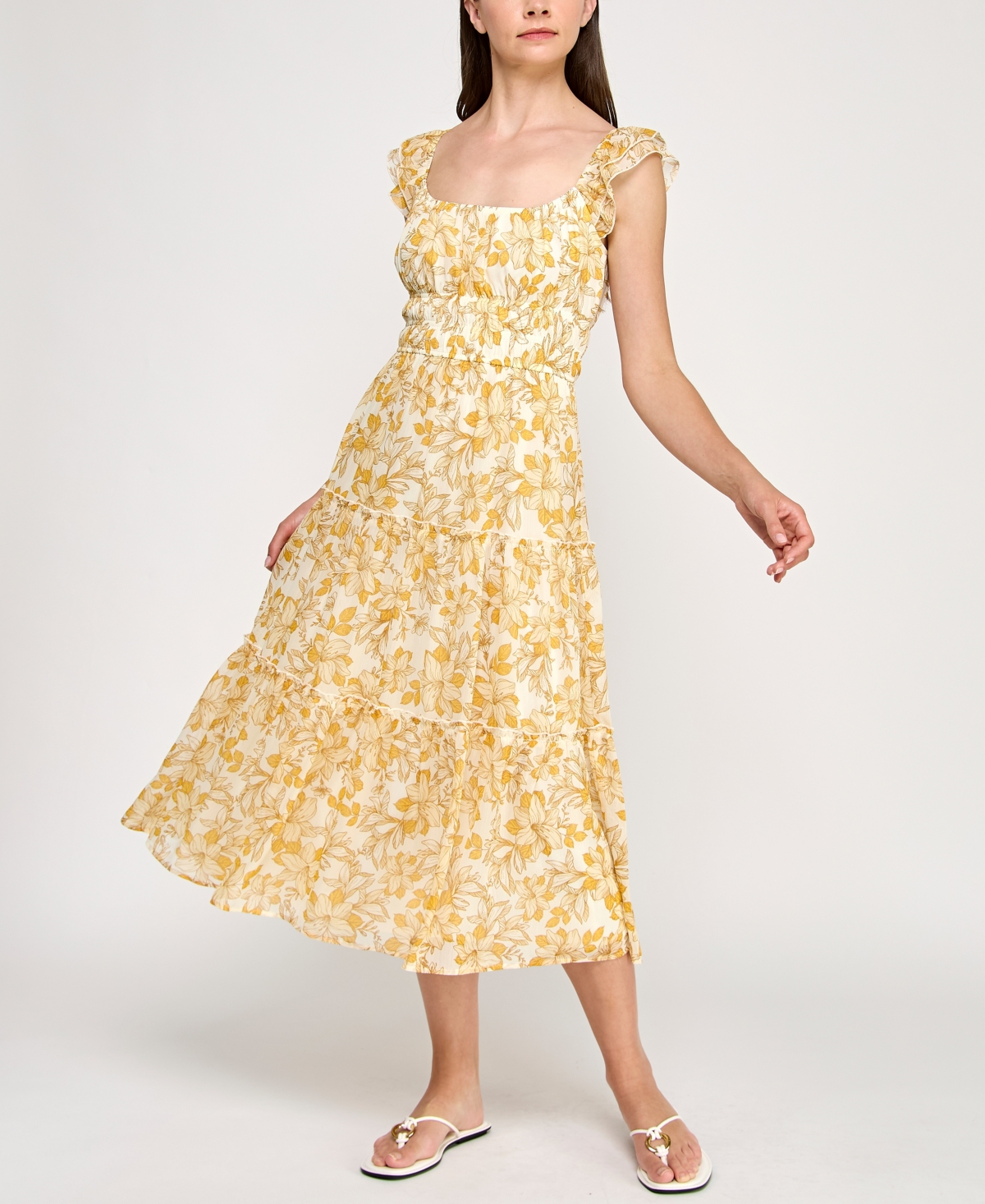 Juniors' Chiffon Printed Flutter-Sleeve Midi Dress - Ivory Yellow Floral