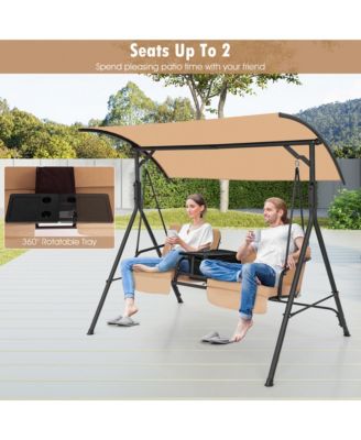 2-Person Canopy Porch Swing Padded Chair Cooler Bag Rotatable Tray