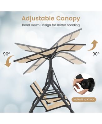 2-Person Porch Swing Adjustable Canopy Swing Chair w/ Tempered Glass Table