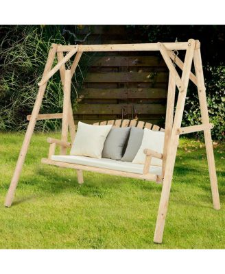 Wooden Porch Swing Outdoor Patio Rustic Torched Log Curved Back Bench A-Frame