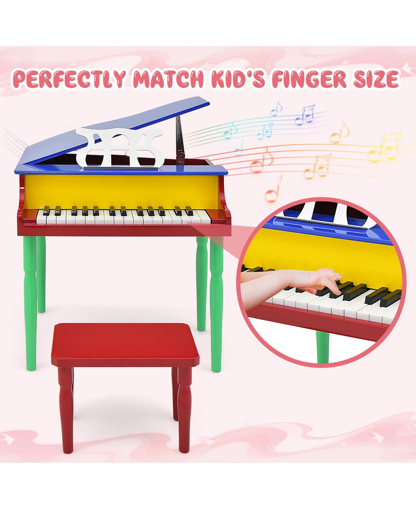 Детские игрушки Gymax 30-Key Wood Grand Piano Music 3-Piece Set, Ages 3+, цвет: Синий — фото 2