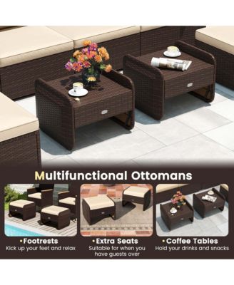 2 Pieces Outdoor Patio PE Wicker Ottomans with Removable Cushions Footstools