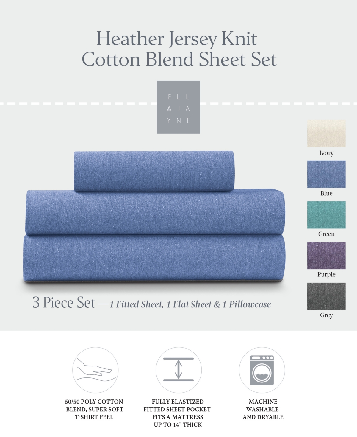 Ella Jayne Soft Heather Jersey Knit 3-Pc. Sheet Set, Twin Xl