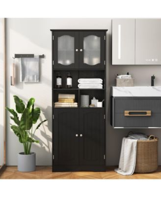 58.5 Inch Freestanding Linen Bathroom Storage Cabinet with Frost Glass Doors