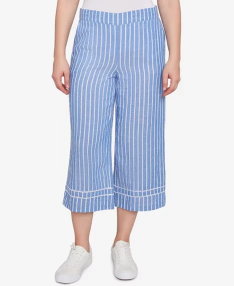 Petite Yarn Dye Stripe Relaxed Soft Capri Pants - French blue multi