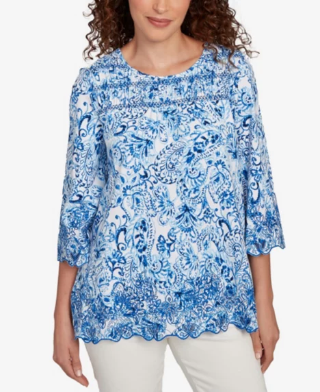 Petite Oceanic Paisley Embroidered Top - French blue multi