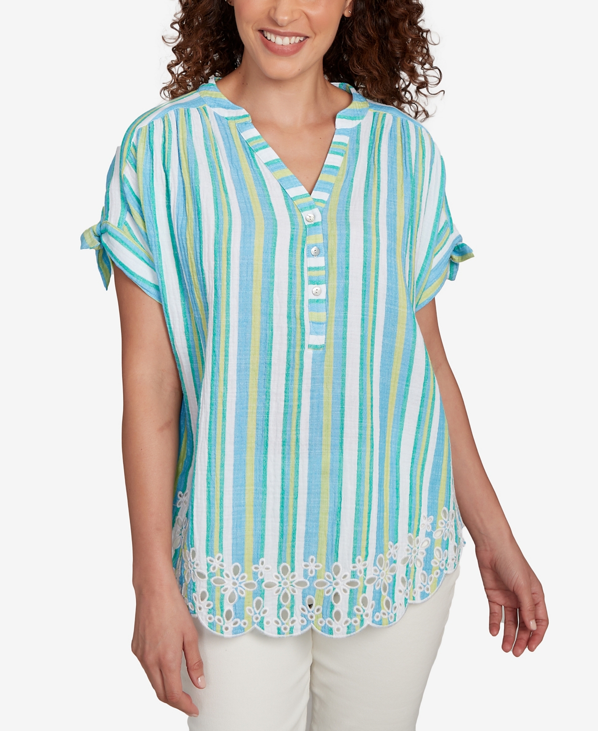 Petite Scalloped Stripe Embroidered Tie Sleeve Top - Ocean blue multi
