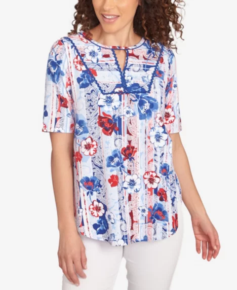 Petite Riviera Floral Stripe Print Knit Top - Red multi