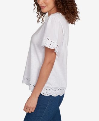 Petite Embroidered Sleeve Solid T-Shirt