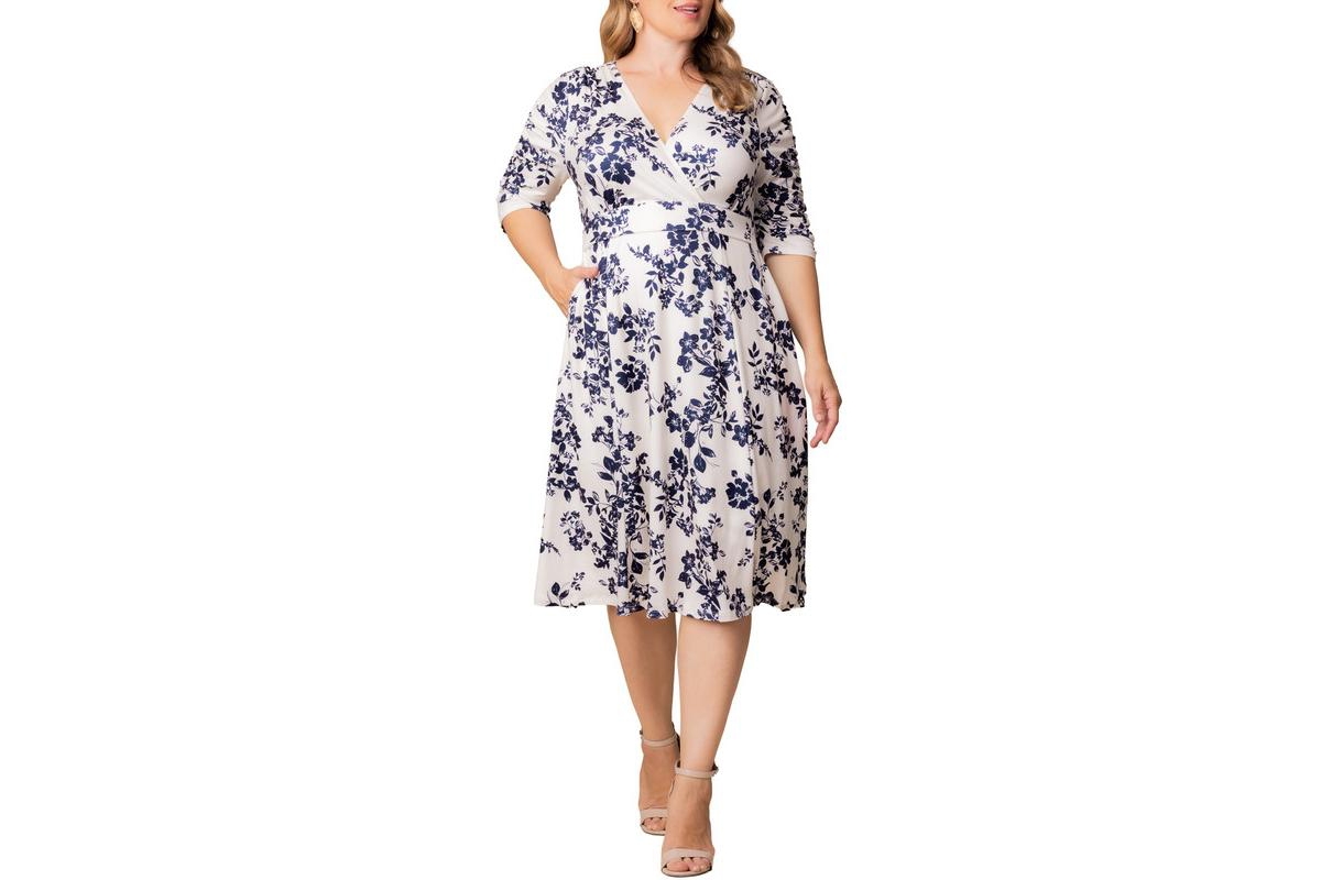 Plus Size Gabriella Ruched Sleeve Midi Dress with Pockets - Ivory florals