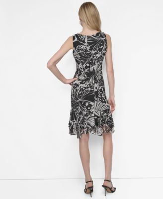 Women's Chiffon Printed Boat-Neck Ruffle-Hem Dress