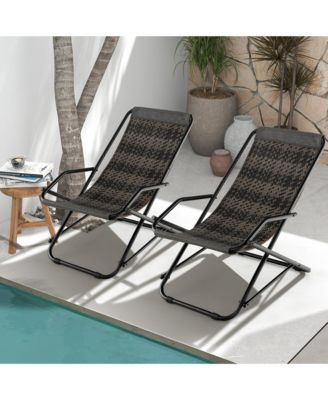 2 PCS Patio Folding Rattan Sling Chair Rocking Lounge Chaise Armrest Garden